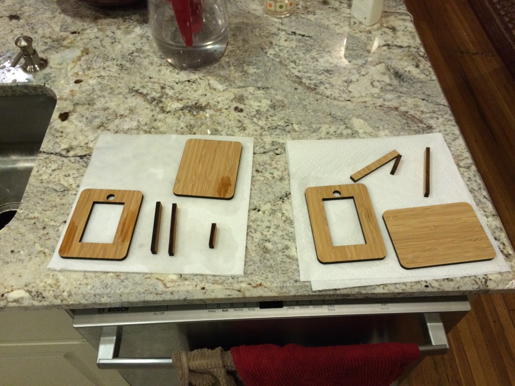 To clean off the black ash from the edges of the cut bamboo, I washed all of the pieces in the sink with soapy water.